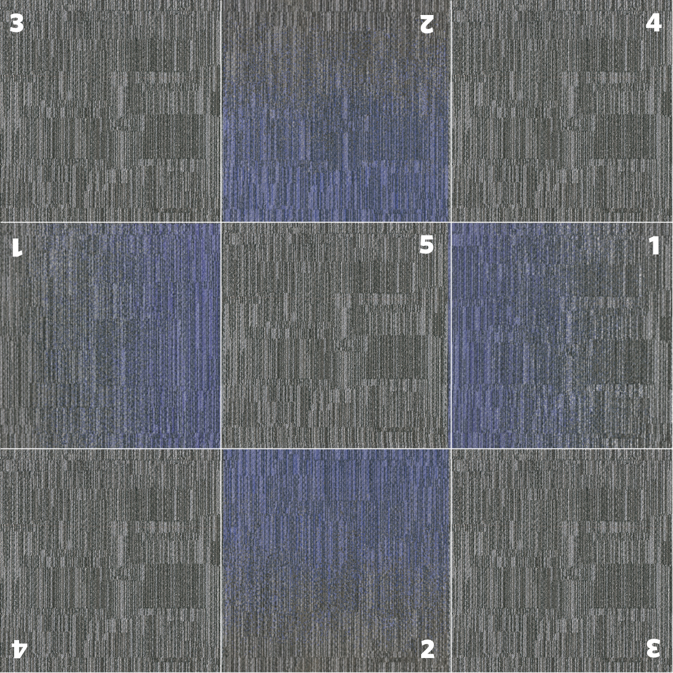 Laylines modular carpet tile layout showing gradient transitions, corner components, and solid tiles for zoning