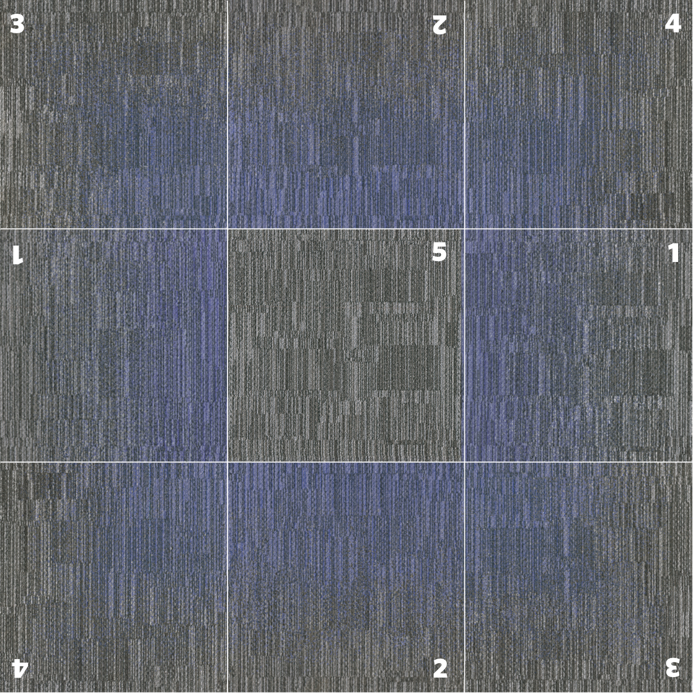 Laylines modular carpet tile layout showing gradient transitions, corner components, and solid tiles for zoning