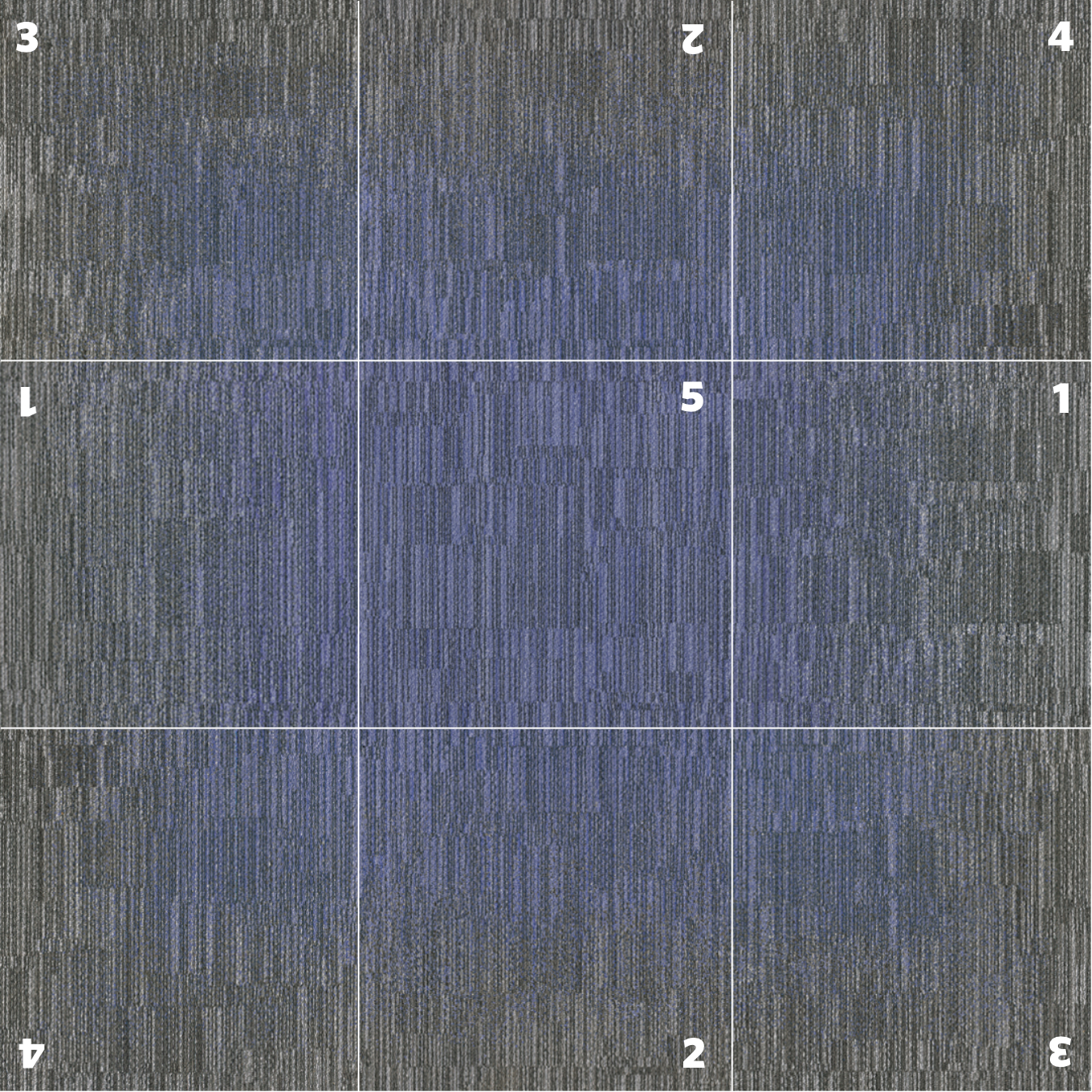 Laylines modular carpet tile layout showing gradient transitions, corner components, and solid tiles for zoning