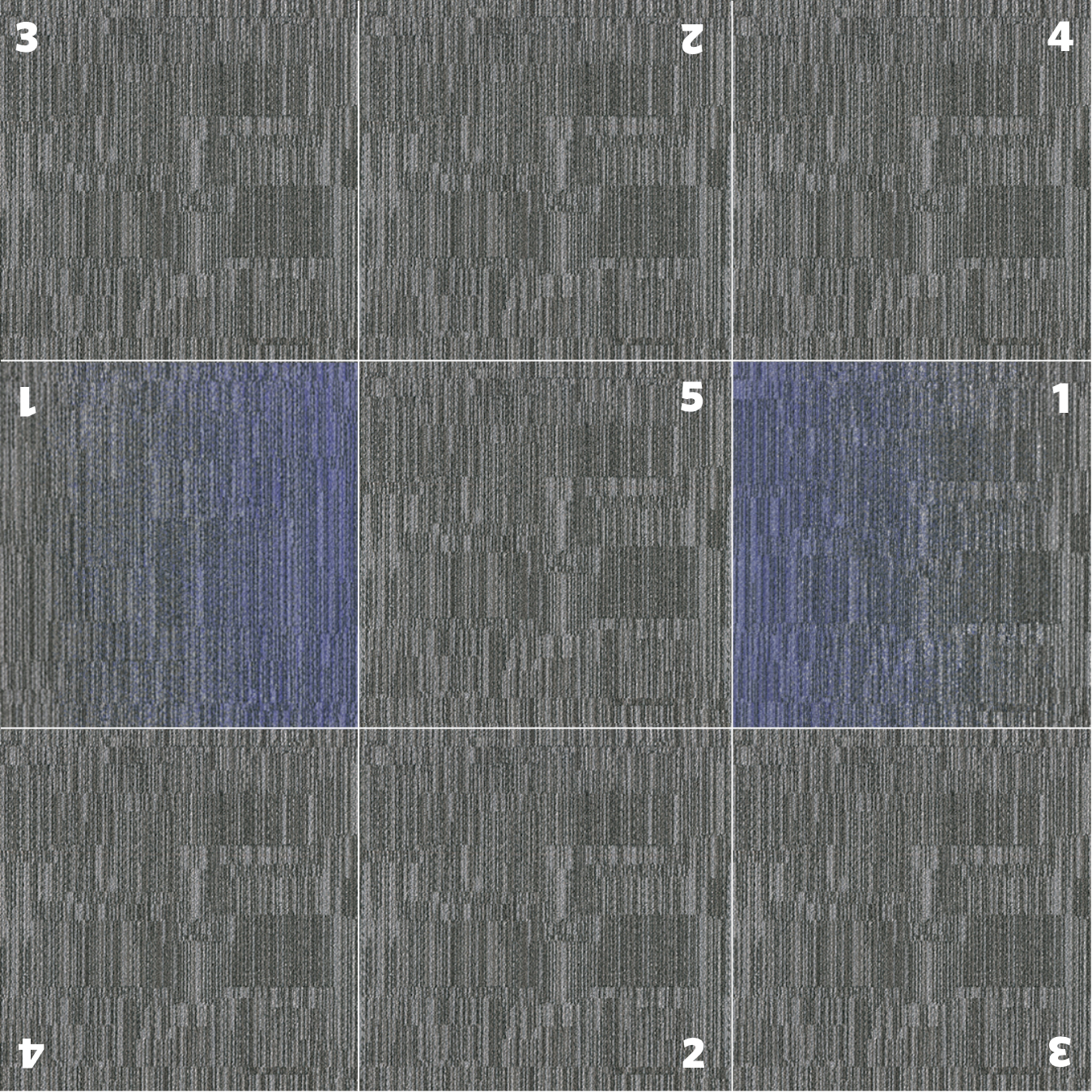 Laylines modular carpet tile layout showing gradient transitions, corner components, and solid tiles for zoning