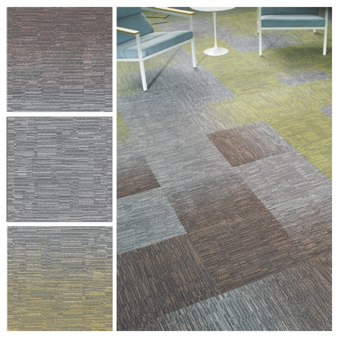 Laylines carpet tile palette showing warm neutral and yellow gradient flooring in a lounge setting