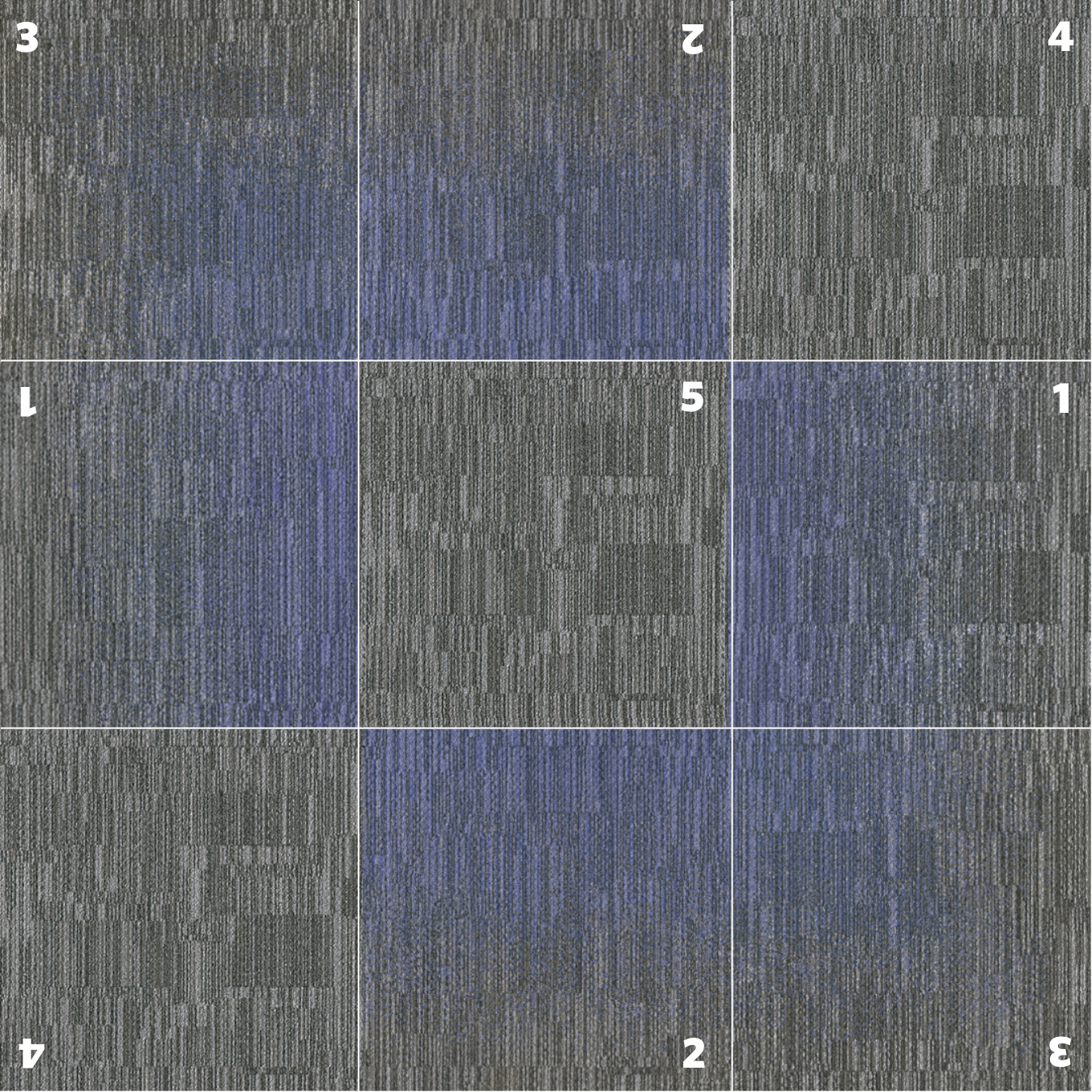 Laylines modular carpet tile layout showing gradient transitions, corner components, and solid tiles for zoning